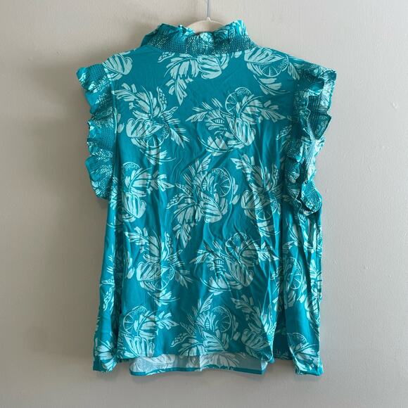 NWT $70 Crown & Ivy Size 2X Turquoise Blue Tropical Floral Blouse V-Neck - Picture 2 of 6